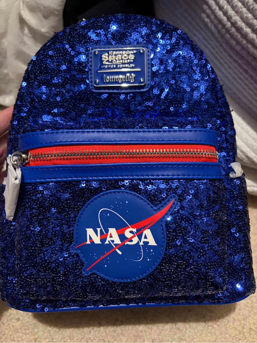 Loungefly Blue Sequin NASA Mini Backpack with Red Zipper